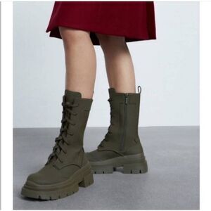 ZARA Rubberized Lace-Up Combat Boots Sz 8 Khaki Green Chunky Lug Soles Blogger